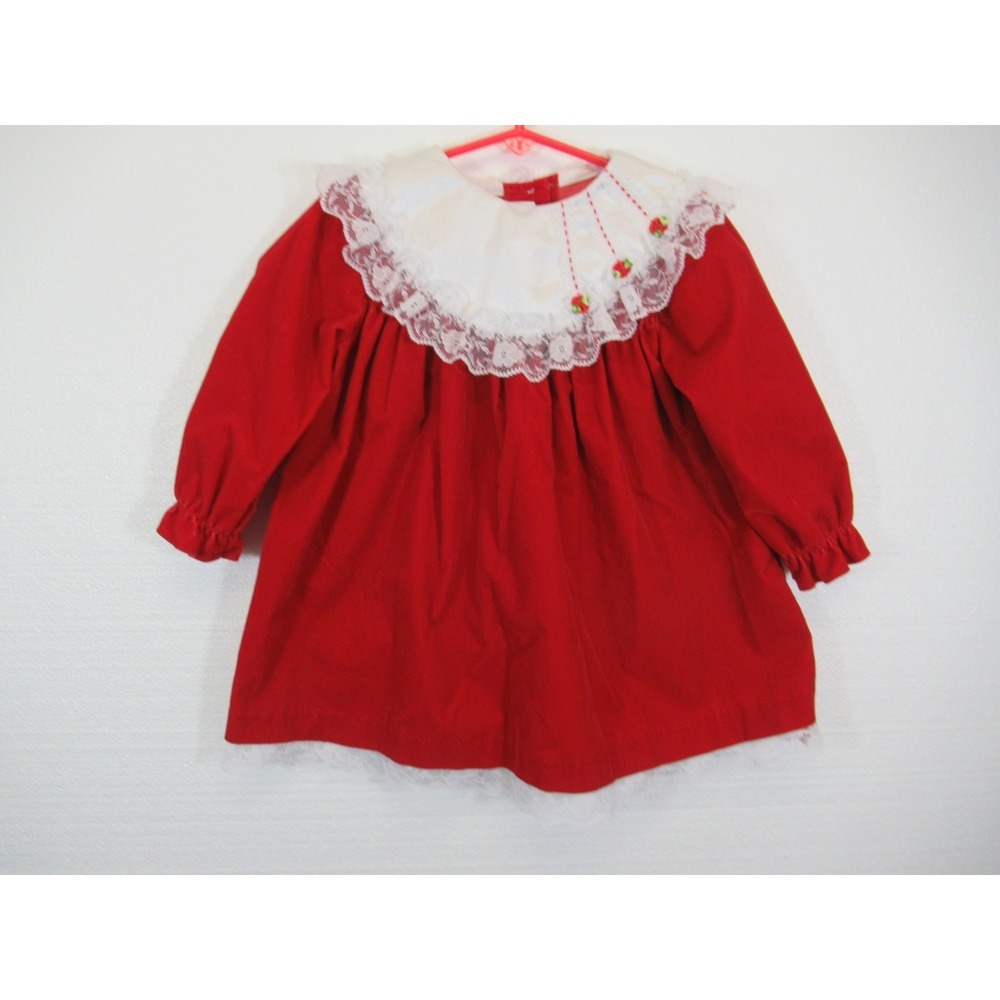 Vintage 90s Allison Ann Red Velvet Dress Baby Girl Long Sleeve Lace Collar Roses